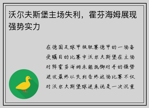 沃尔夫斯堡主场失利，霍芬海姆展现强势实力