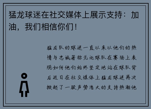猛龙球迷在社交媒体上展示支持：加油，我们相信你们！